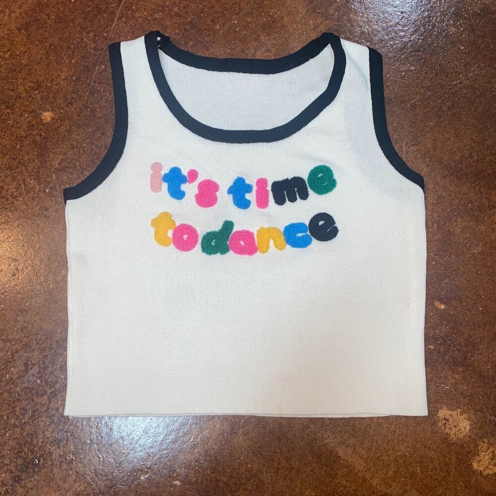 NWOT Colorful "It's time to dance" white Tank Top Size Small